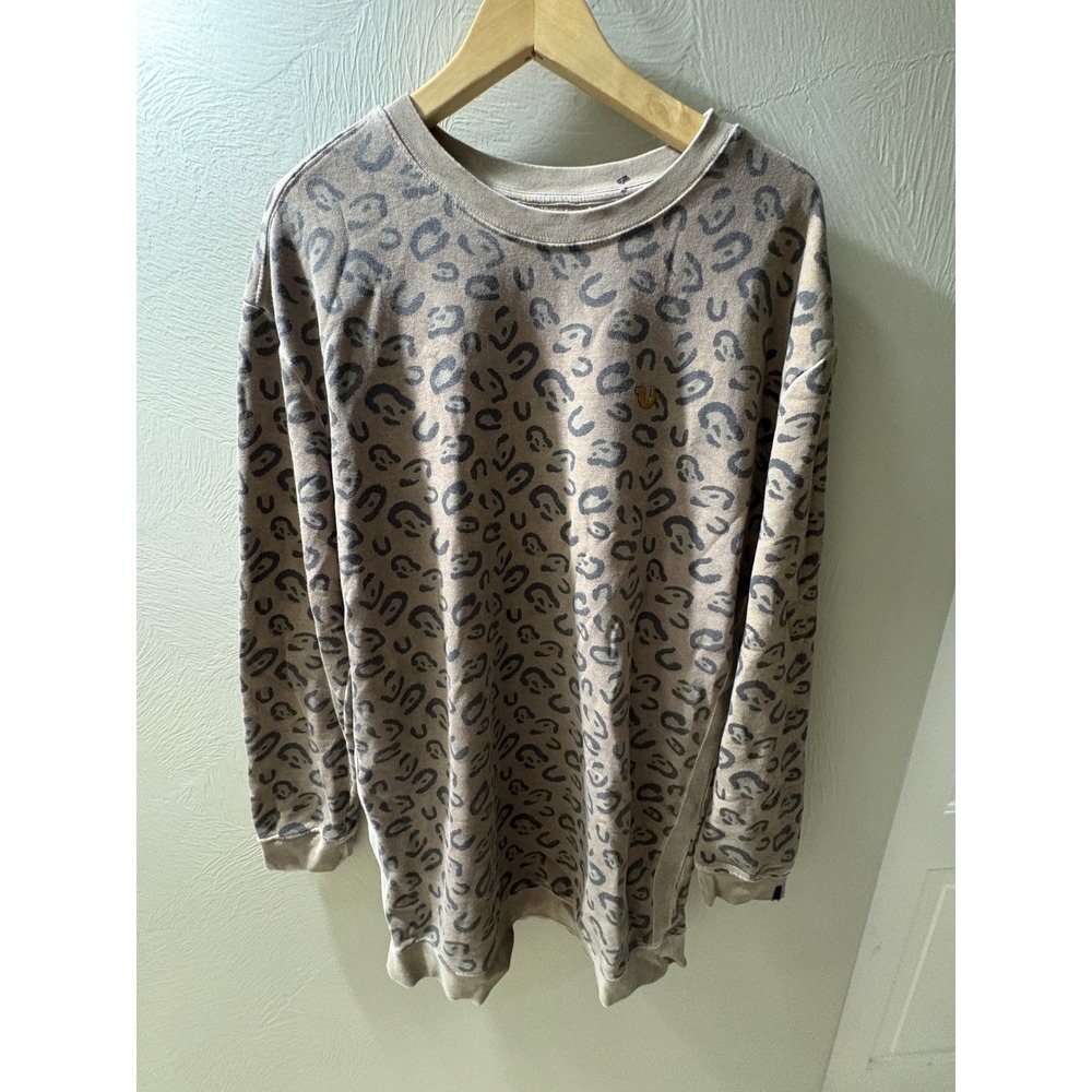 True Religion Leopard Print Sweatshirt Dress Tan Charcoal Animal Logo M L